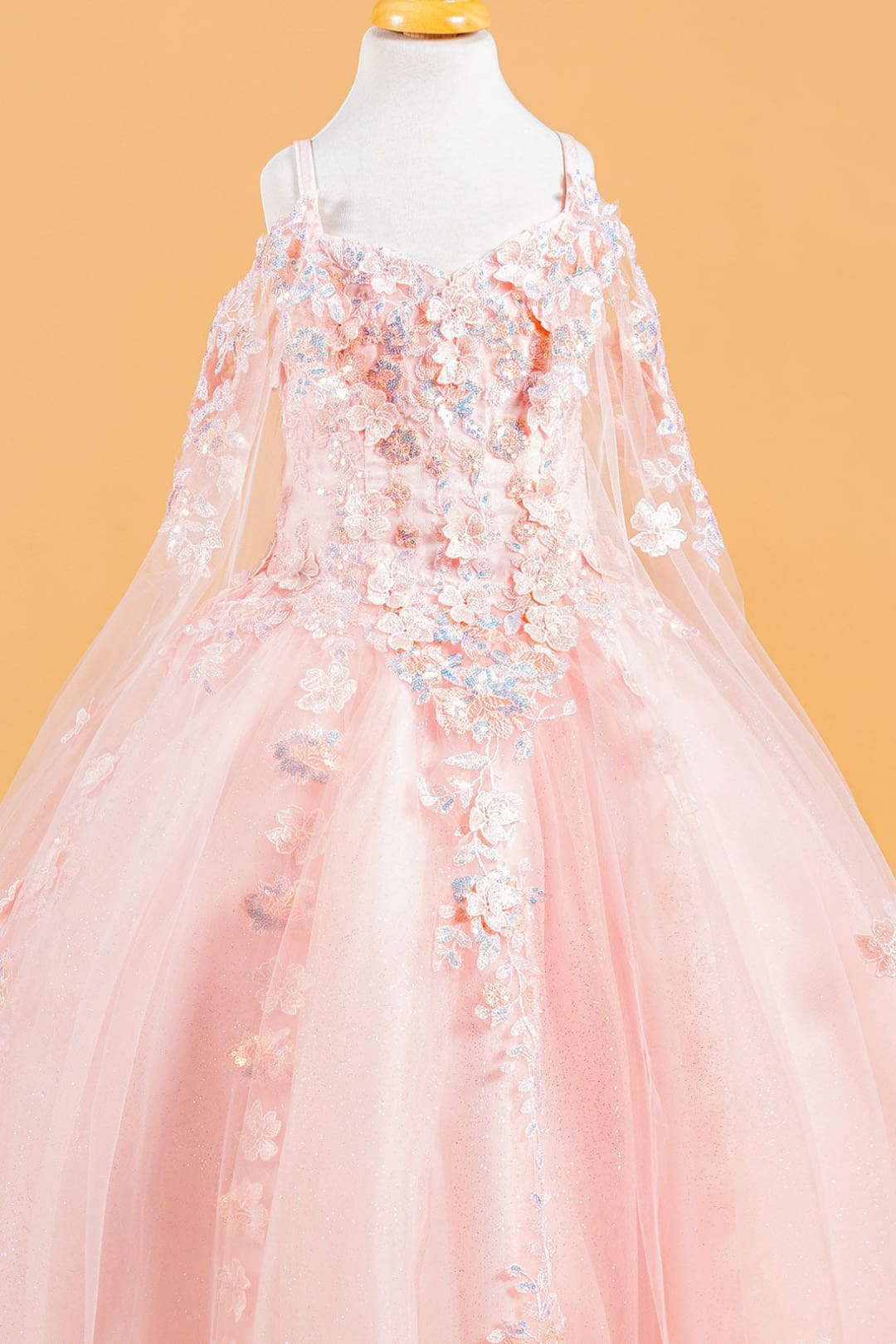 Girls 3D Floral Cape Sleeve Gown by Elizabeth K GK118 - Girls Formal Dresses