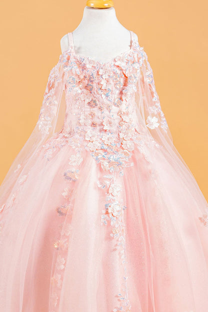 Girls 3D Floral Cape Sleeve Gown by Elizabeth K GK118 - Girls Formal Dresses