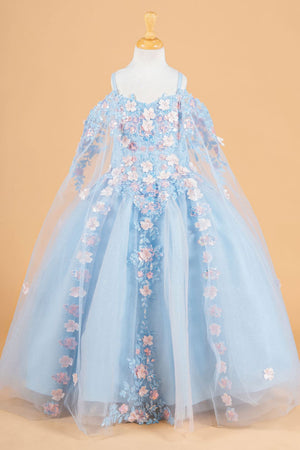 Girls 3D Floral Cape Sleeve Gown by Elizabeth K GK118 - 2 / Blue - Girls Formal Dresses
