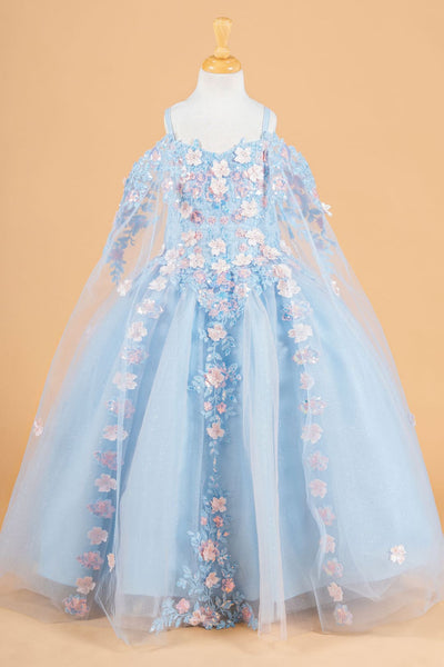 Girls 3D Floral Cape Sleeve Gown by Elizabeth K GK118 - 2 / Blue - Girls Formal Dresses