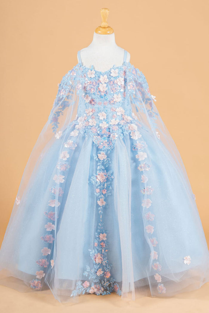 Girls 3D Floral Cape Sleeve Gown by Elizabeth K GK118 - 2 / Blue - Girls Formal Dresses