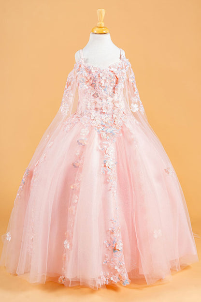 Girls 3D Floral Cape Sleeve Gown by Elizabeth K GK118 - 2 / Blush - Girls Formal Dresses