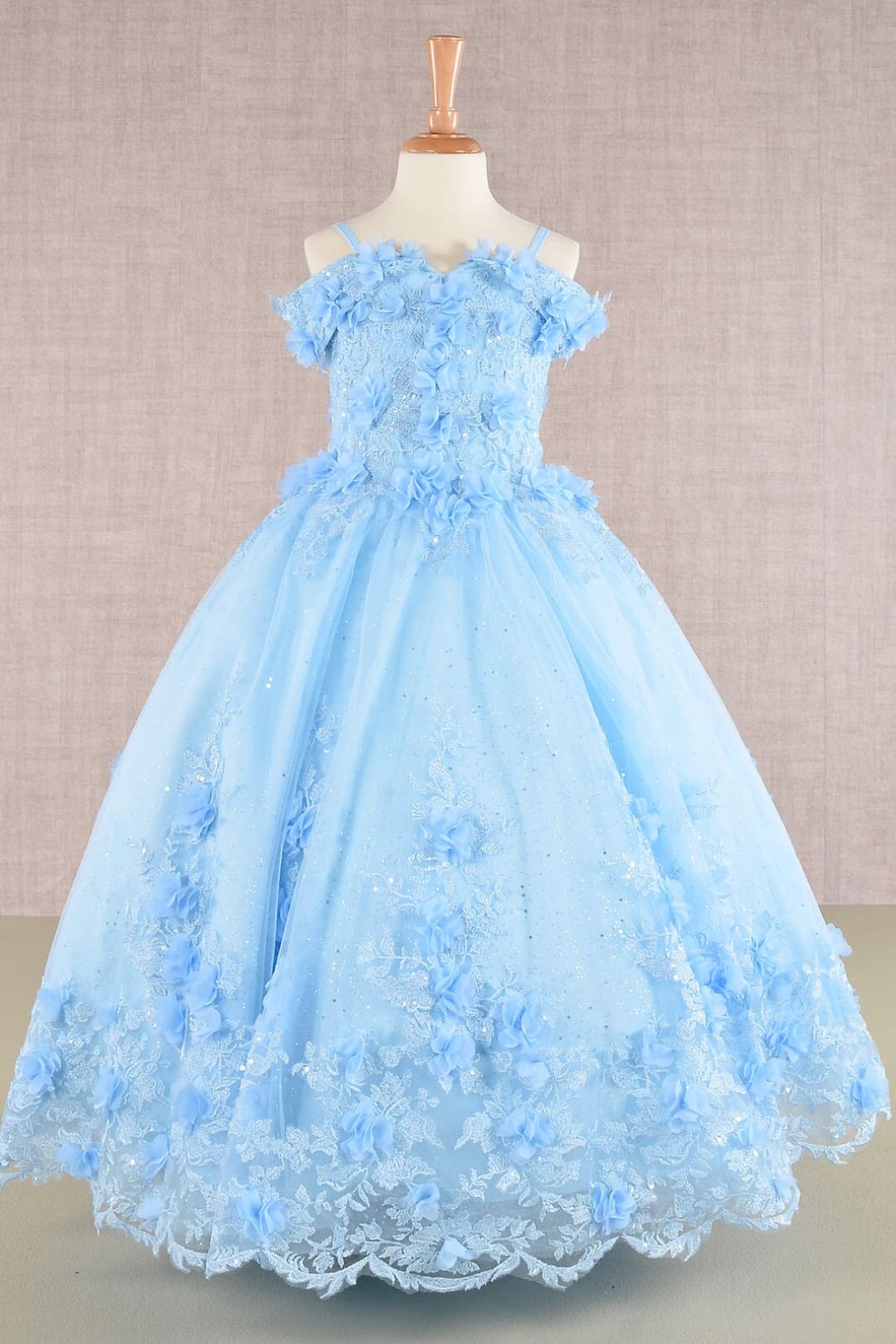 Girls 3D Floral Cold Shoulder Gown by Elizabeth K GK110 - 2 / Baby Blue - Girls Formal Dresses