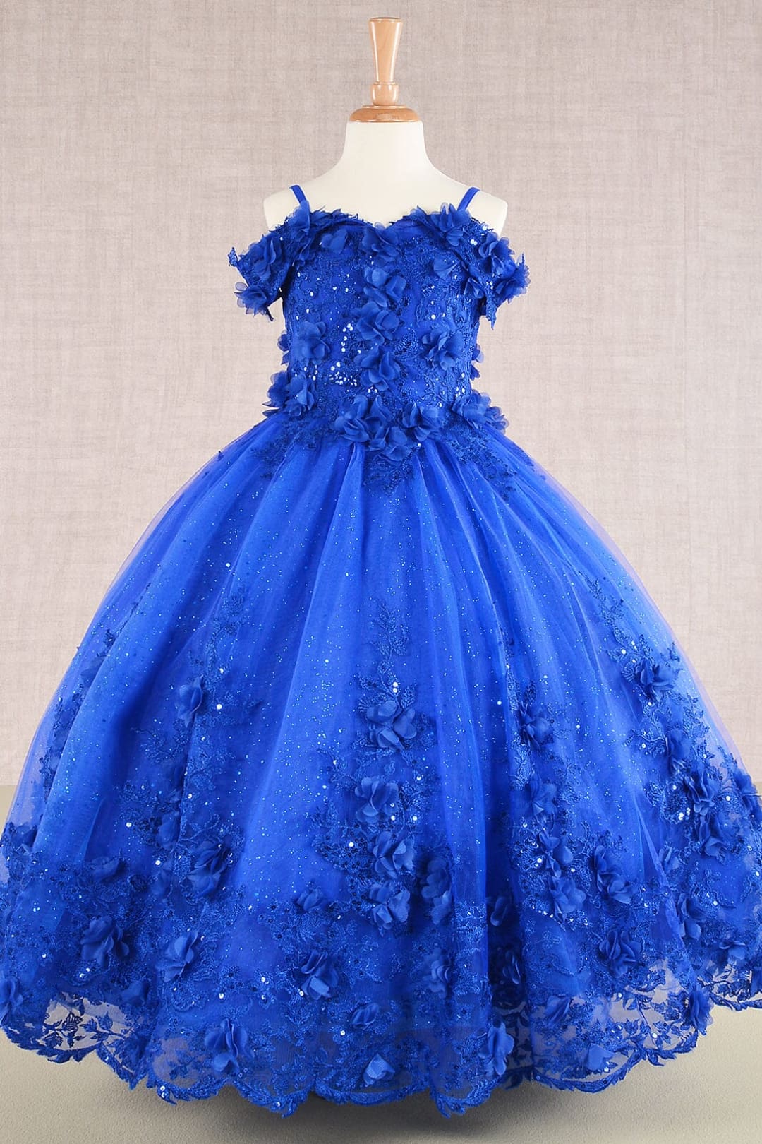 Girls 3D Floral Cold Shoulder Gown by Elizabeth K GK110 - 2 / Royal Blue - Girls Formal Dresses