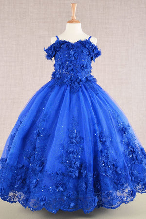 Girls 3D Floral Cold Shoulder Gown by Elizabeth K GK110 - 2 / Royal Blue - Girls Formal Dresses