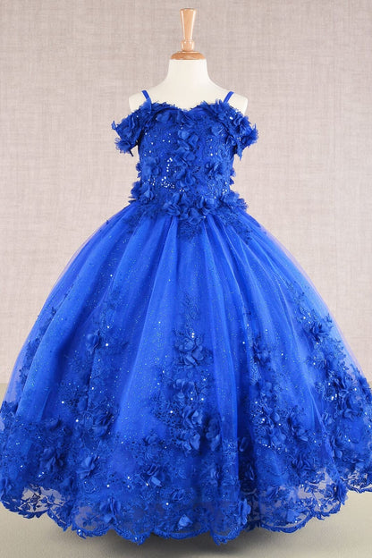 Girls 3D Floral Cold Shoulder Gown by Elizabeth K GK110 - 2 / Royal Blue - Girls Formal Dresses