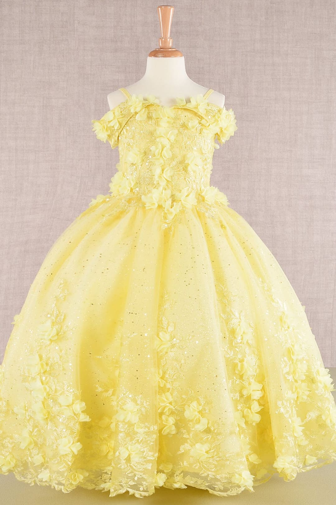 Girls 3D Floral Cold Shoulder Gown by Elizabeth K GK110 - 2 / Yellow - Girls Formal Dresses