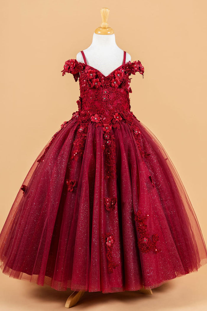 Girls 3D Floral Cold Shoulder Gown by Elizabeth K GK117 - 2 / Burgundy - Girls Formal Dresses