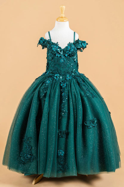 Girls 3D Floral Cold Shoulder Gown by Elizabeth K GK117 - 2 / Emerald Green - Girls Formal Dresses