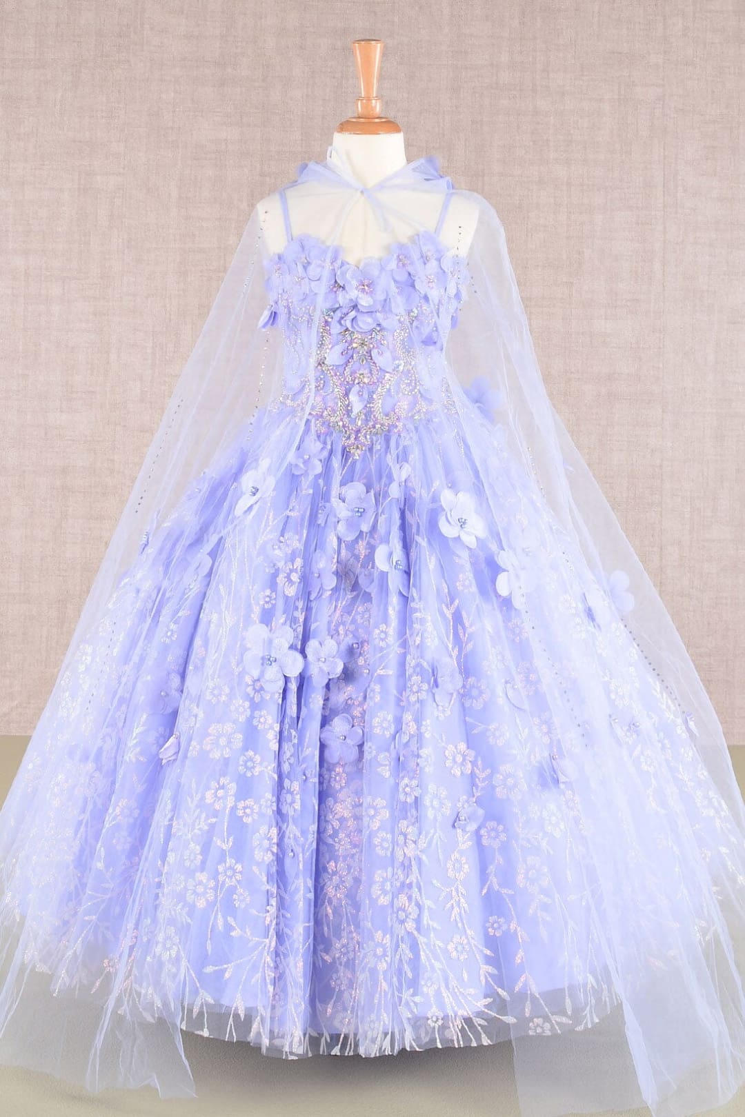 Girls 3D Floral Sleeveless Cloak Gown by Elizabeth K GK105 - 2 / Lilac - Girls Formal Dresses