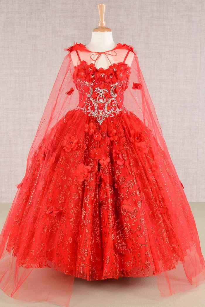 Girls 3D Floral Sleeveless Cloak Gown by Elizabeth K GK105 - 2 / Red - Girls Formal Dresses
