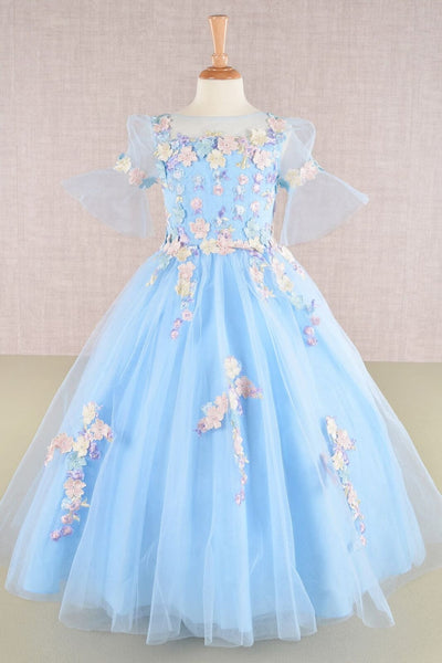 Girls Embroidered Short Sleeve Gown by Elizabeth K GK107 - 2 / Baby Blue - Girls Formal Dresses
