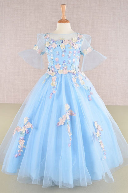 Girls Embroidered Short Sleeve Gown by Elizabeth K GK107 - 2 / Baby Blue - Girls Formal Dresses