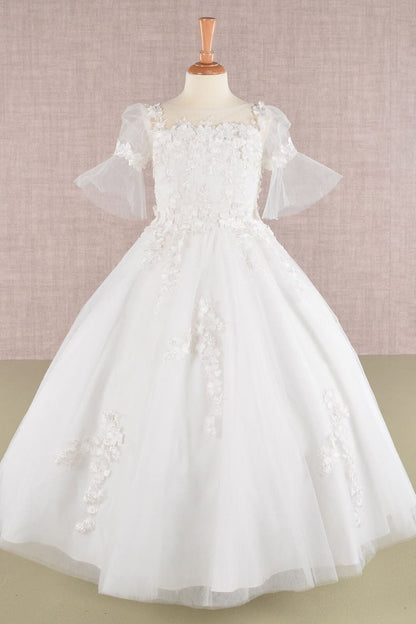 Girls Embroidered Short Sleeve Gown by Elizabeth K GK107 - 2 / Off White - Girls Formal Dresses