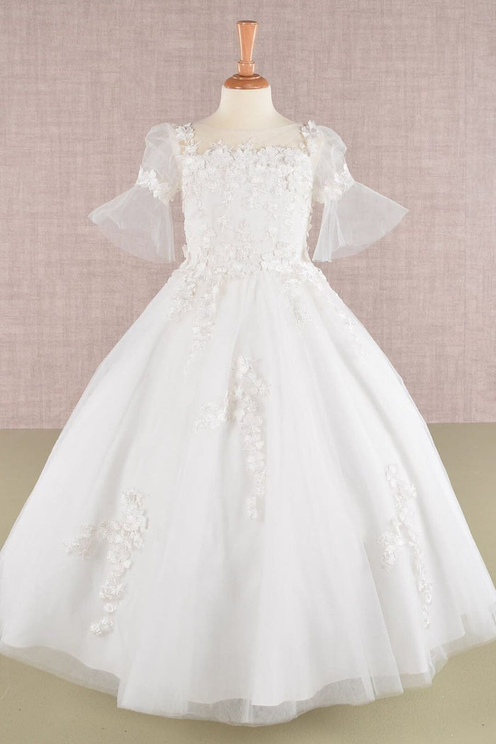 Girls Embroidered Short Sleeve Gown by Elizabeth K GK107 - 2 / Off White - Girls Formal Dresses
