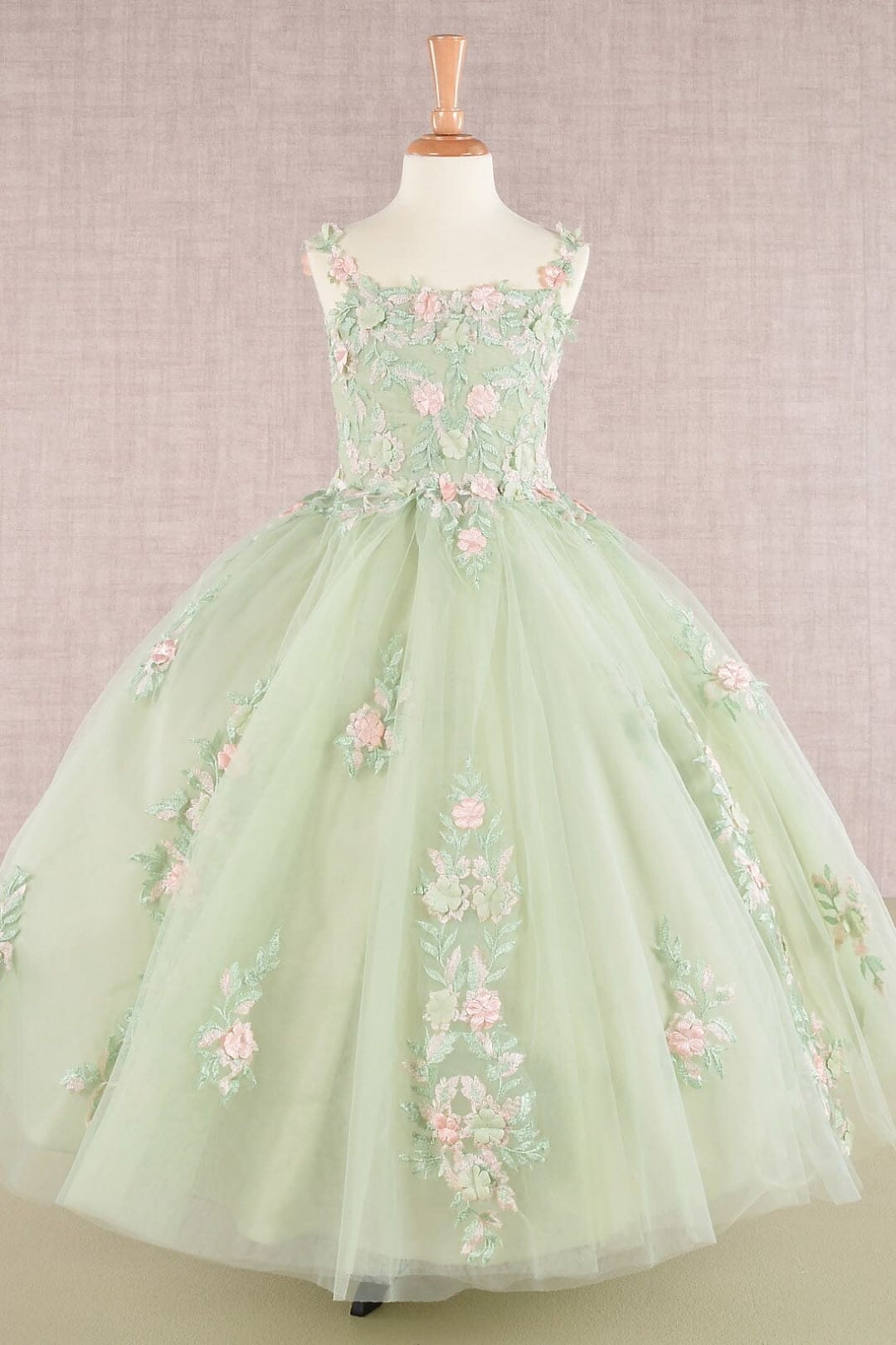 Girls Floral Applique Sleeveless Gown by Elizabeth K GK109 - 2 / Sage - Girls Formal Dresses