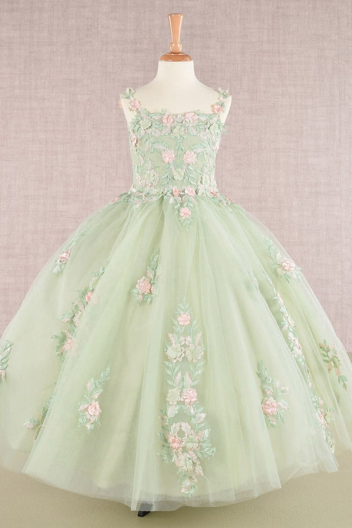 Girls Floral Applique Sleeveless Gown by Elizabeth K GK109 - 2 / Sage - Girls Formal Dresses
