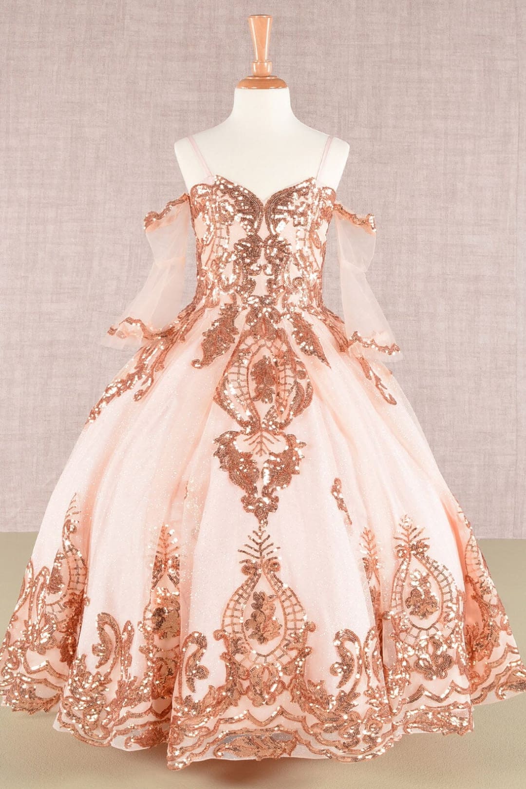 Girls Sequin Print Bell Sleeve Gown by Elizabeth K GK104 - 2 / Champagne/Rose Gold - Girls Formal Dresses