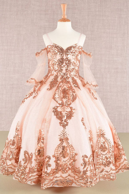 Girls Sequin Print Bell Sleeve Gown by Elizabeth K GK104 - 2 / Champagne/Rose Gold - Girls Formal Dresses