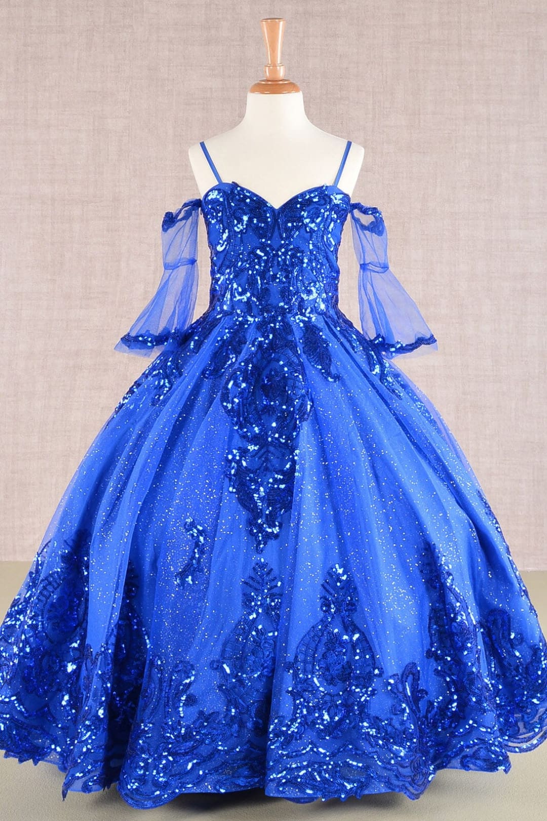 Girls Sequin Print Bell Sleeve Gown by Elizabeth K GK104 - 2 / Royal Blue - Girls Formal Dresses
