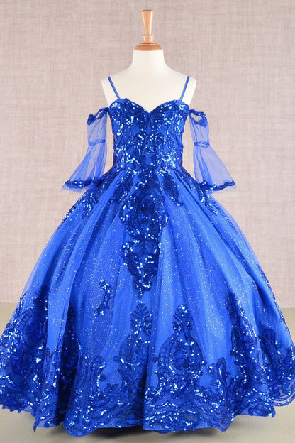 Girls Sequin Print Bell Sleeve Gown by Elizabeth K GK104 - 2 / Royal Blue - Girls Formal Dresses