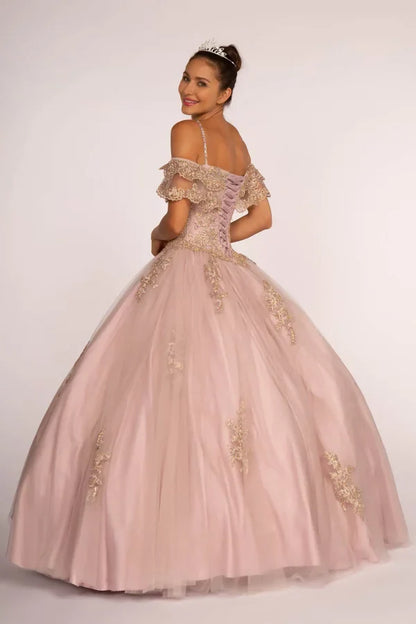 Off Shoulder Quinceañera Ball Gown Embroidered Lace-Up Back Floor Length by Elizabeth K GL2510