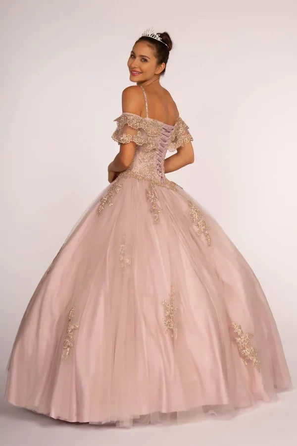 Off Shoulder Quinceañera Ball Gown Embroidered Lace-Up Back Floor Length by Elizabeth K GL2510