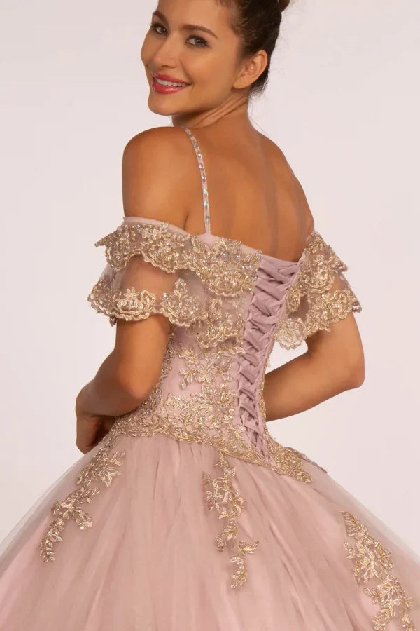 Off Shoulder Quinceañera Ball Gown Embroidered Lace-Up Back Floor Length by Elizabeth K GL2510