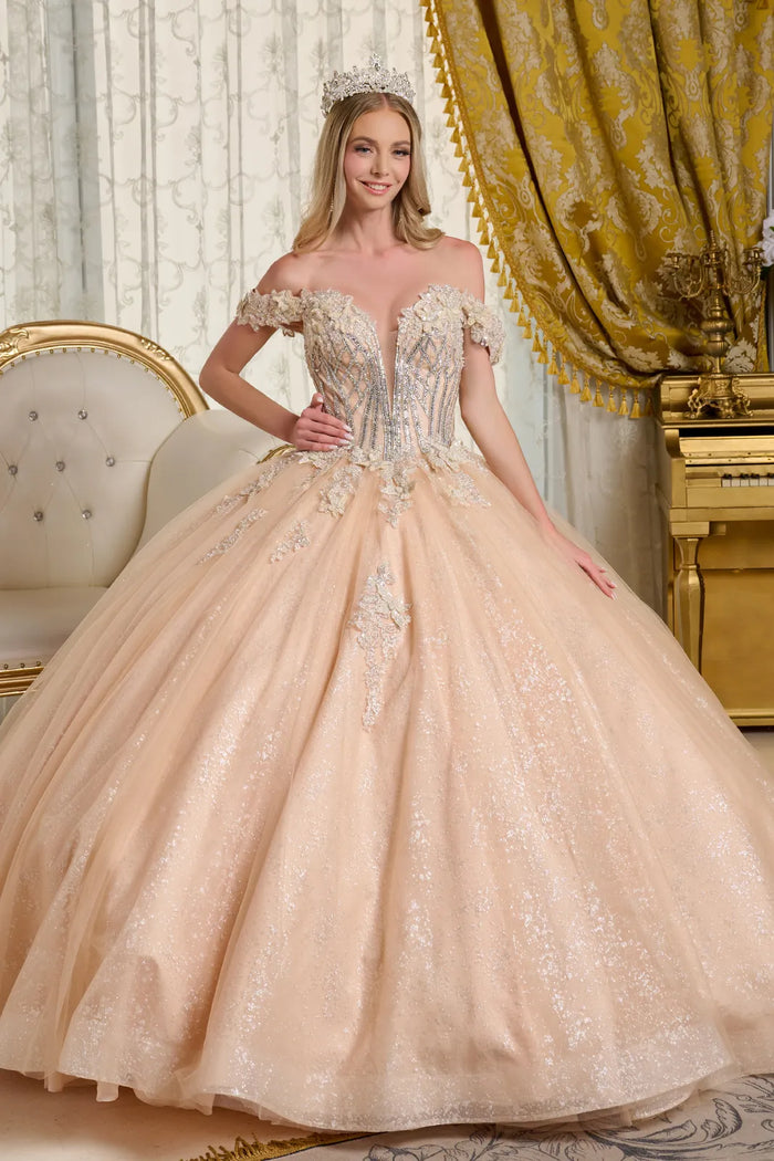 Champagne Quinceanera Dress Off Shoulder Ball Gown by Elizabeth K GL3630