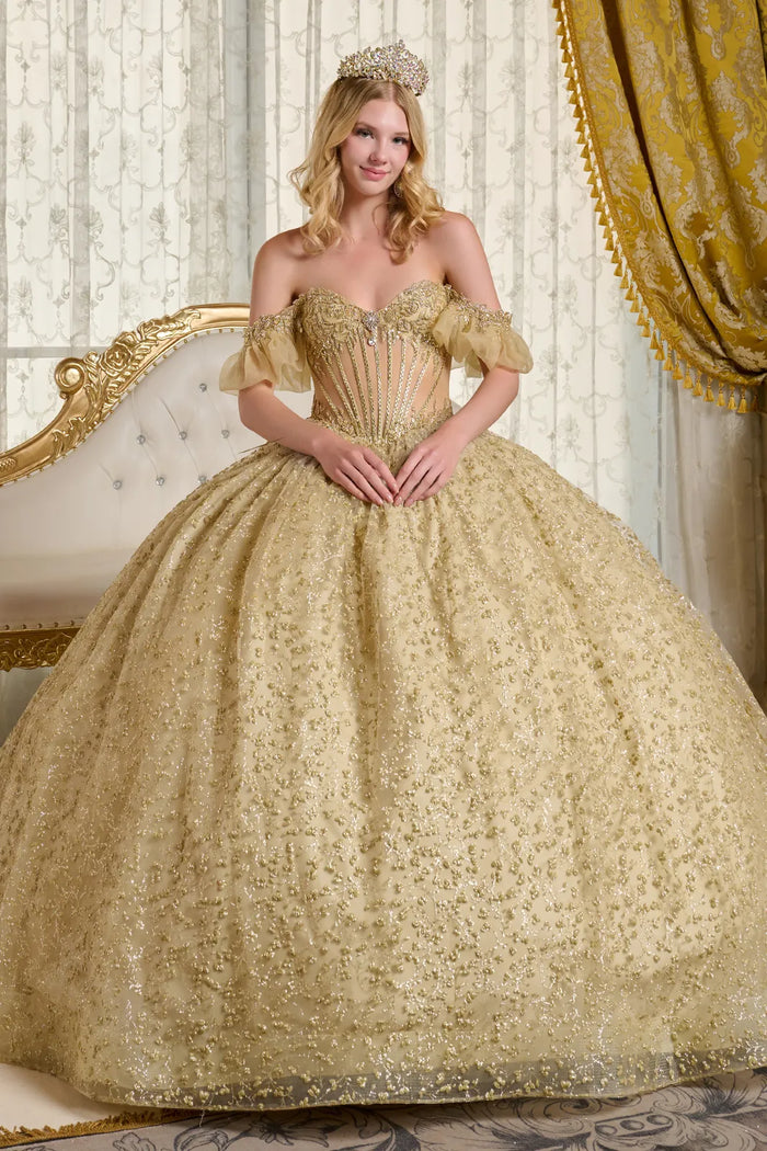 Gold Quinceanera Dress Off Shoulder Ball Gown by Elizabeth K GL3632