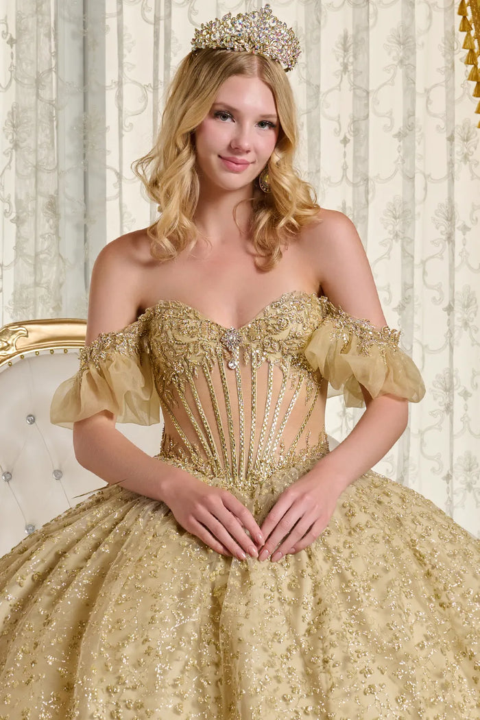 Gold Quinceanera Dress Off Shoulder Ball Gown by Elizabeth K GL3632