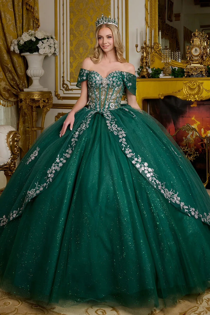 Green and Silver Quinceanera Dress Off Shoulder Ball Gown by Elizabeth K GL3636