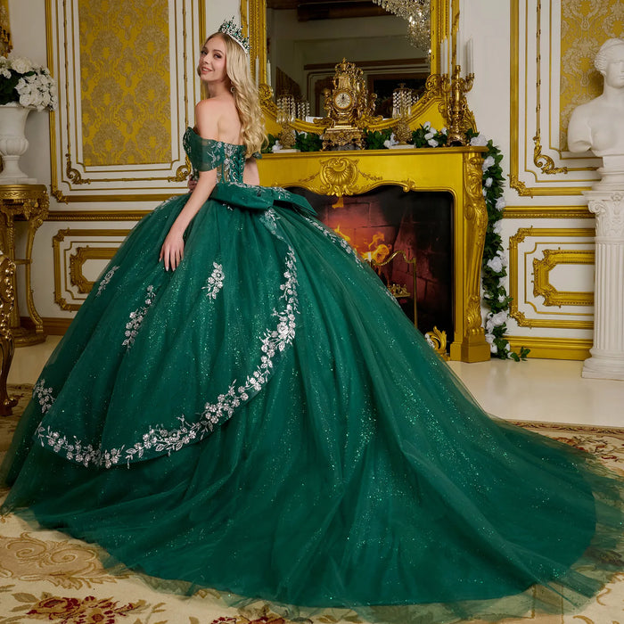 Green and Silver Quinceanera Dress Off Shoulder Ball Gown by Elizabeth K GL3636