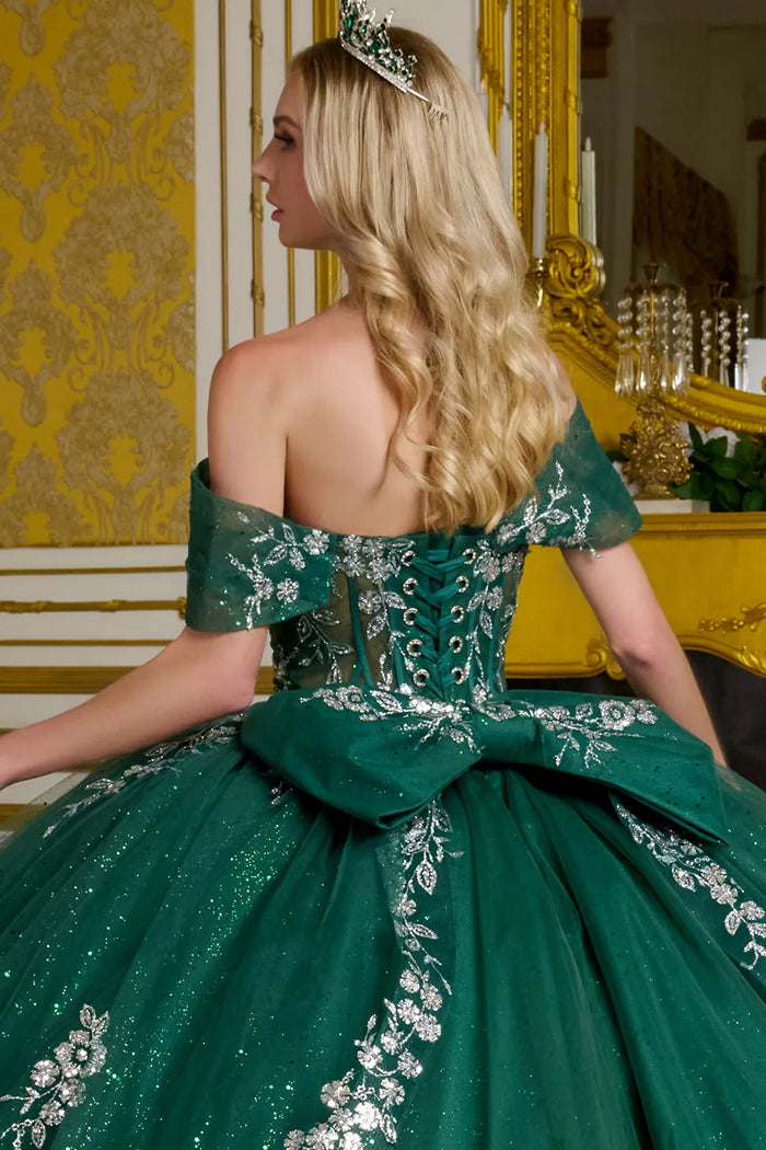 Green and Silver Quinceanera Dress Off Shoulder Ball Gown by Elizabeth K GL3636
