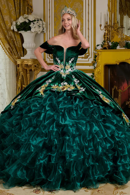 Emerald Green Charro Quinceanera Dress Sweetheart Ruffled Ball Gown by Elizabeth K GL3637