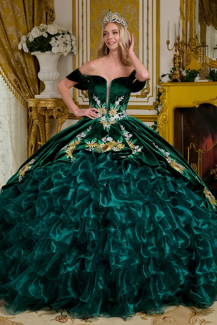 Emerald Green Charro Quinceanera Dress Sweetheart Ruffled Ball Gown by Elizabeth K GL3637