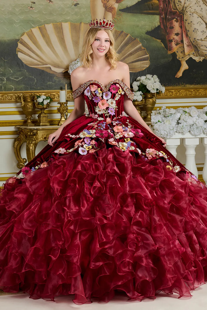 Burgundy Charro Quinceanera Dress Off Shoulder Ruffled Ball Gown by Elizabeth K GL3638
