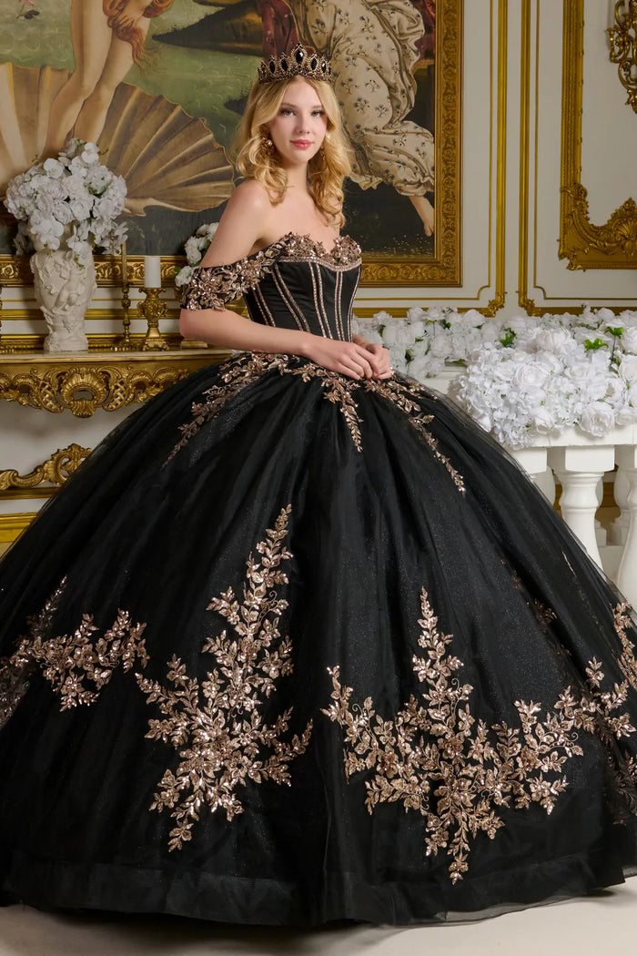 Black and Gold Quince Dress Off Shoulder Ball Gown by Elizabeth K GL3640
