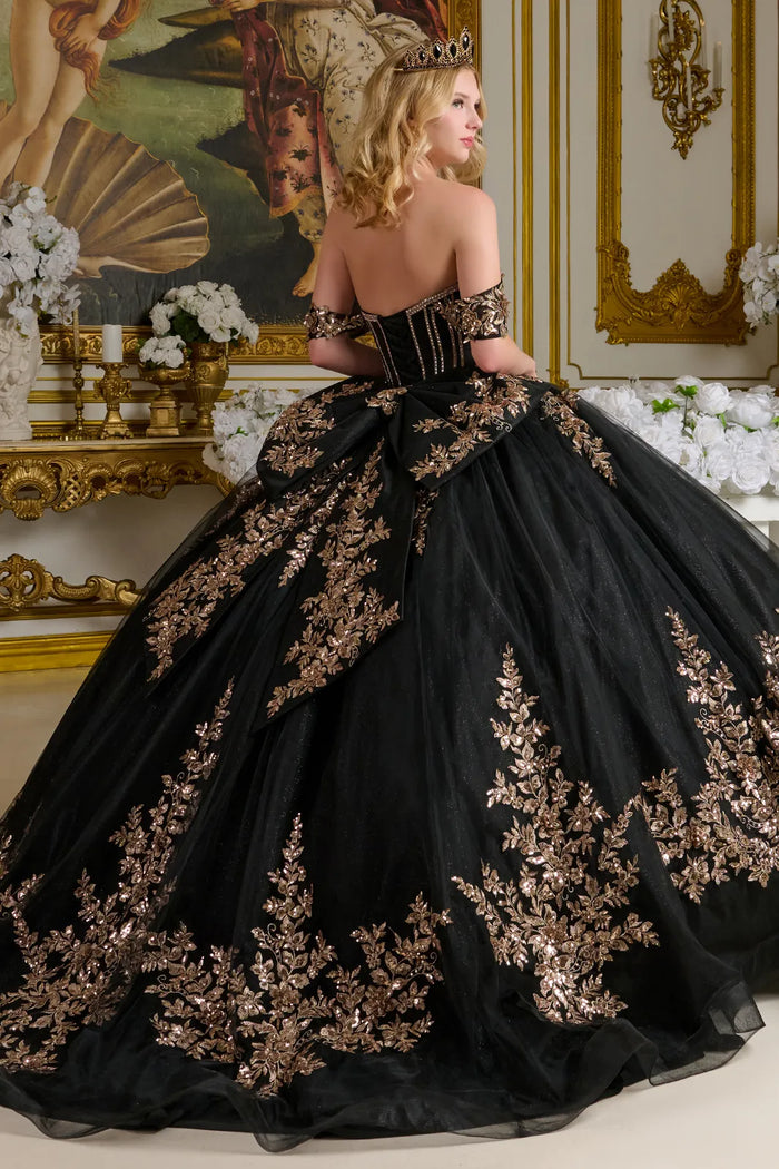 Black and Gold Quince Dress Off Shoulder Ball Gown by Elizabeth K GL3640