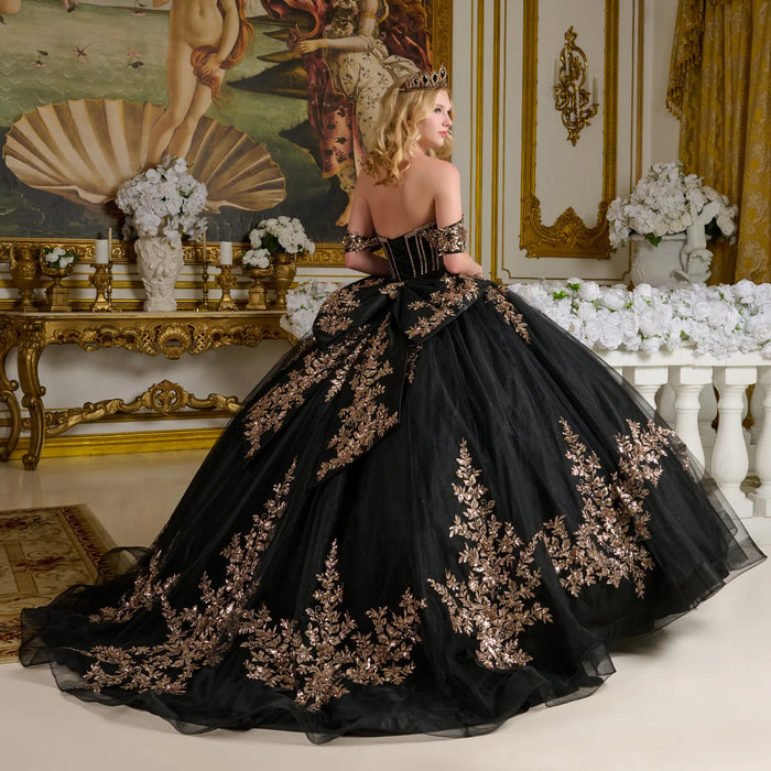 Black and Gold Quince Dress Off Shoulder Ball Gown by Elizabeth K GL3640