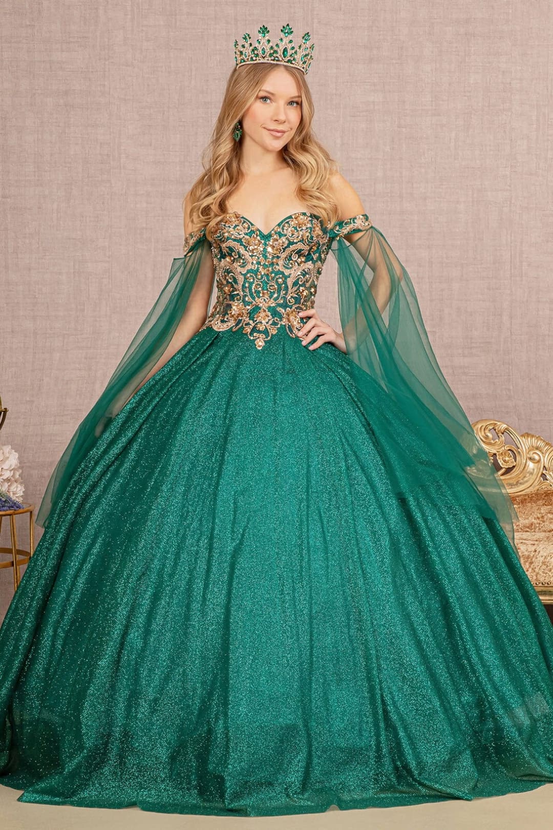 Glitter Cape Sleeve Ball Gown by Elizabeth K GL3139 - XS / Emerald Green - Quinceanera Dresses