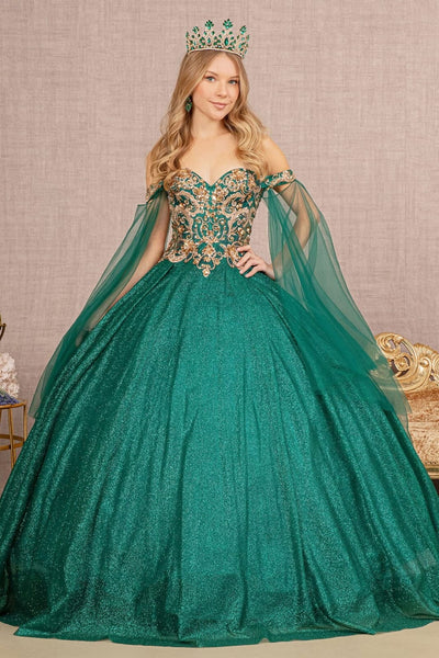 Glitter Cape Sleeve Ball Gown by Elizabeth K GL3139 - XS / Emerald Green - Quinceanera Dresses