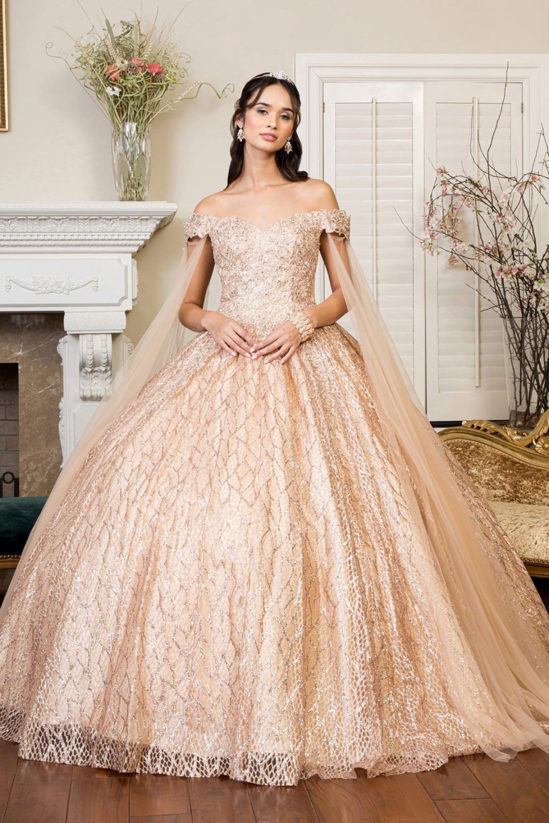 Glitter Off Shoulder Ball Gown by Elizabeth K GL1926 - XS / Gold - Quinceanera Dresses