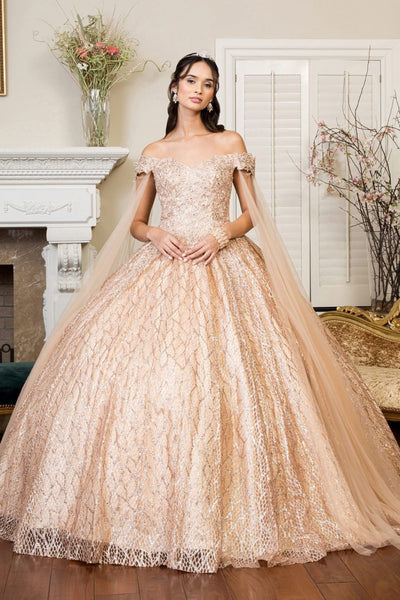 Glitter Off Shoulder Ball Gown by Elizabeth K GL1926 - XS / Gold - Quinceanera Dresses