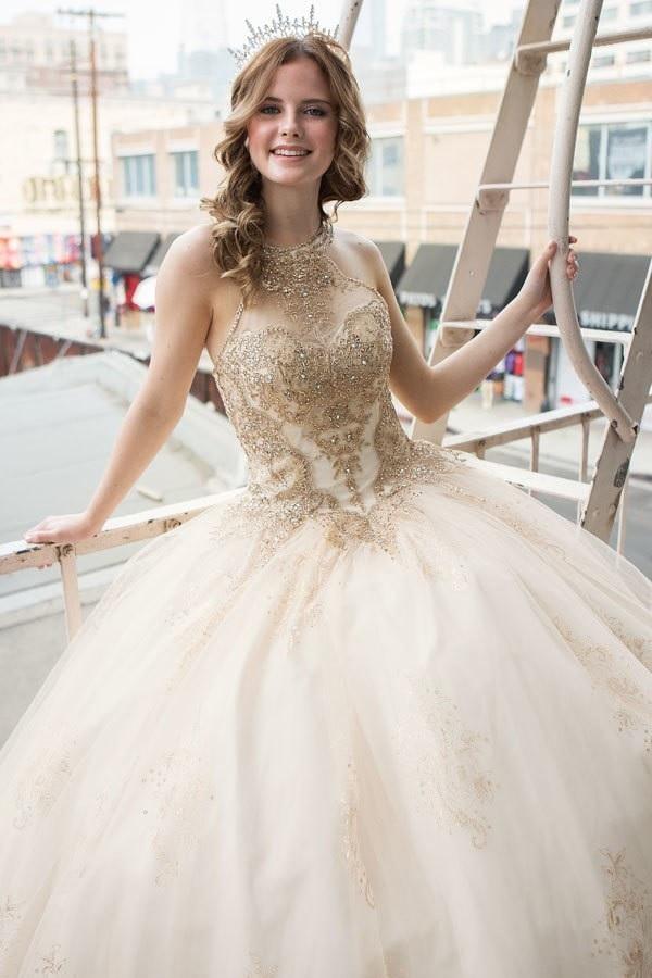 Glitter Print High Neck Quinceañera Dress Calla SYL19002