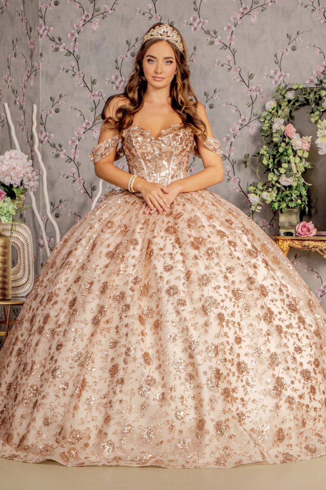 Glitter Print Off Shoulder Corset Ball Gown by GLS Gloria GL3485 - XS / Champagne/Gold - Quinceanera Dresses