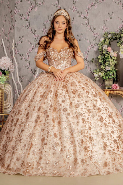Glitter Print Off Shoulder Corset Ball Gown by GLS Gloria GL3485 - XS / Champagne/Gold - Quinceanera Dresses