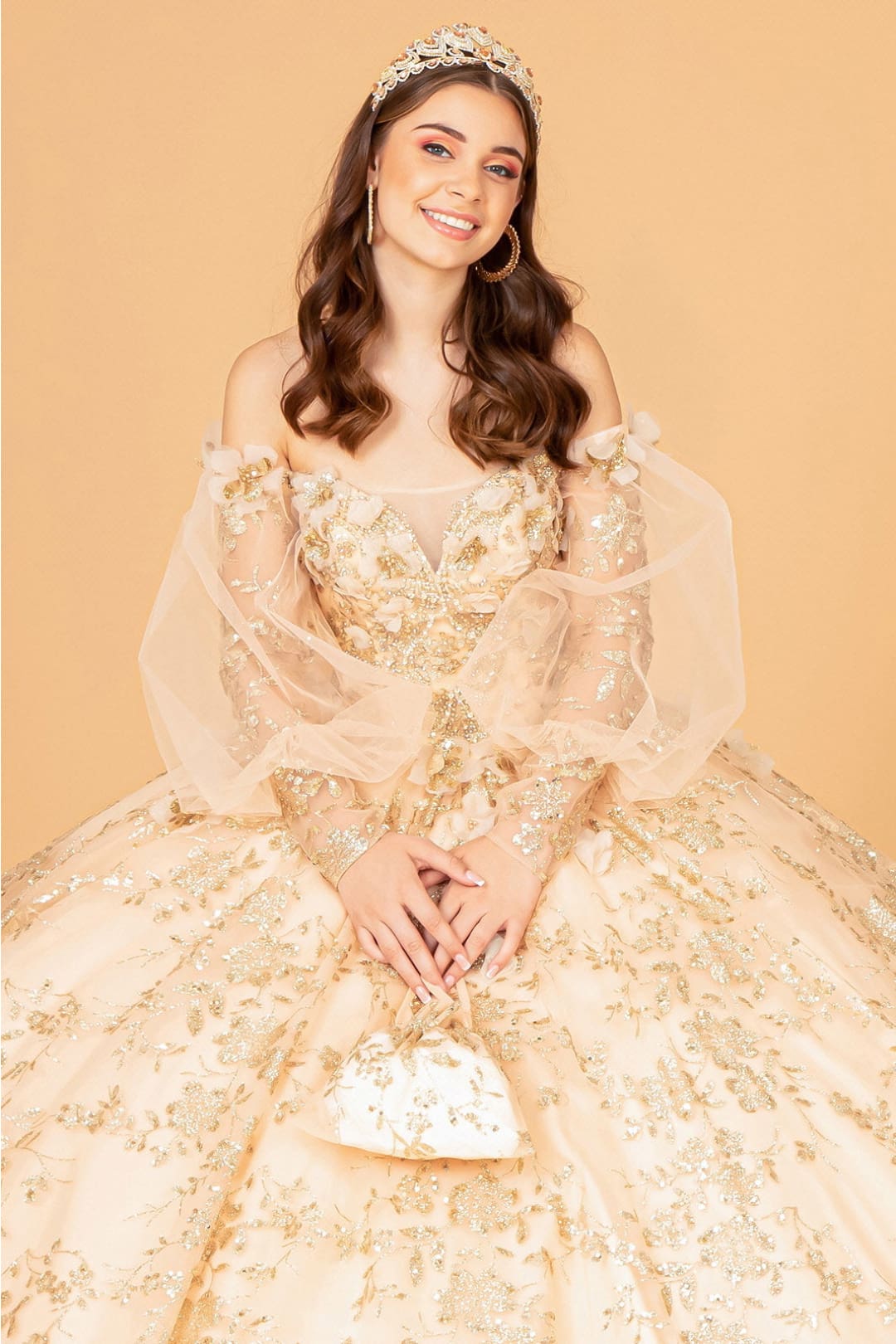 Glitter Print Puff Sleeve Ball Gown by Elizabeth K GL3071 - Quinceanera Dresses