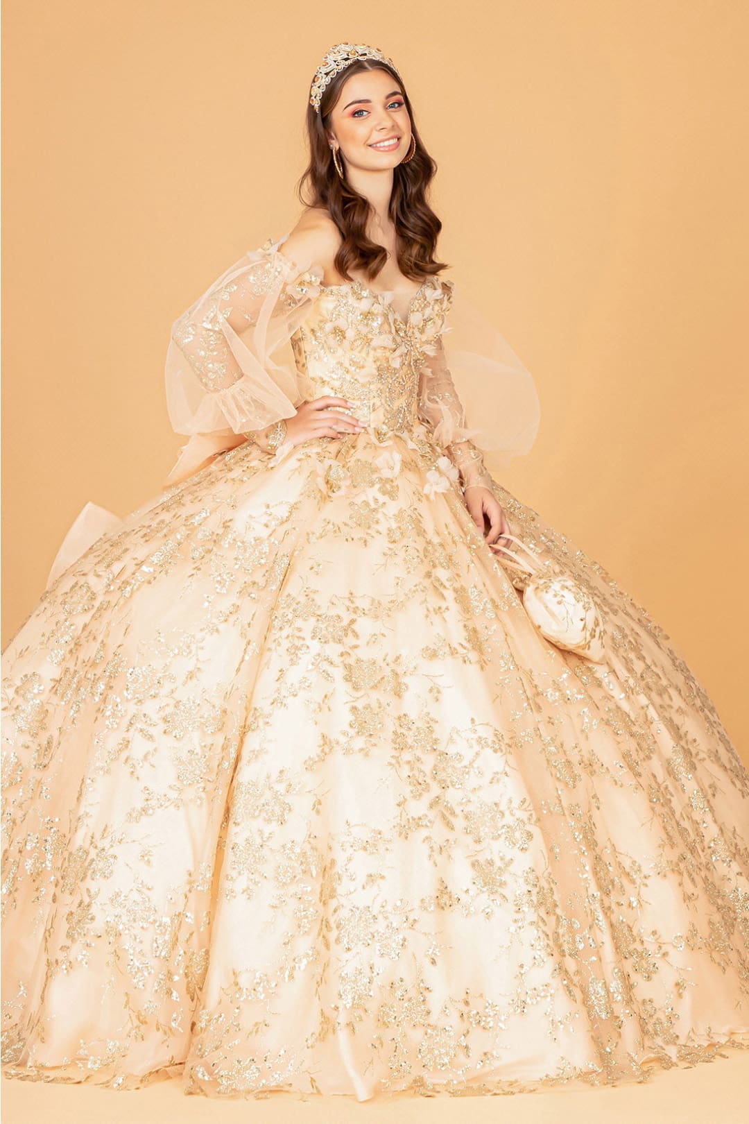 Glitter Print Puff Sleeve Ball Gown by Elizabeth K GL3071 - Quinceanera Dresses