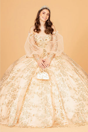 Glitter Print Puff Sleeve Ball Gown by Elizabeth K GL3071 - XS / Gold - Quinceanera Dresses